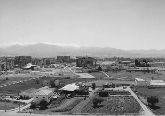 Imagen de la zona del Cubo y Parque de las Ciencias en 1996, cuando no estaba construido y se mantenía una vaquería