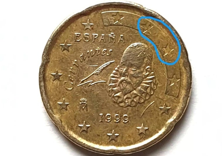 Moneda de 20 céntimos 1999 con error de acuñación.