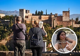 Turistas en el mirador de San Nicolás en verano, junto con una imagen de la 'influencer' Lucía García.