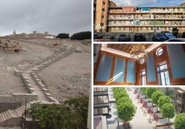 A la izquierda, escalinata del Cerro de San Cristóbal; a la derecha, Patio de Pescadería, Salón Noble de la Casa Consitorial y proyecto del Paseo de Almería.