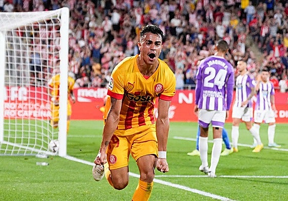 Reinier celebra su gol ante el Real Valladolid con el Girona hace dos cursos.