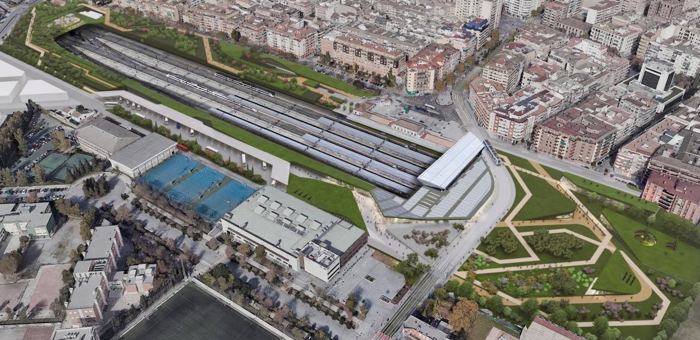 En esta imagen se puede apreciar mejor el intercambiador de autobuses, junto a las instalaciones de la Universidad. También se aprecia la renovación de la calle Halcón y el actual aparcamiento para coches. En la zona superior izquierda, el reformado puente de Camino de Ronda.