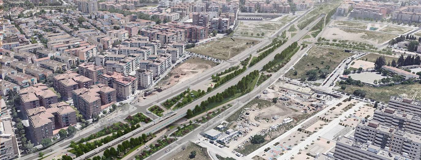 En la zona de expansión de la Chana y Rosaleda, los trenes entrarían entre dos muros vegetales que impiden la vista de las vías y limitan el impacto acústico. Aquí, el AVE circulará en superficie, pero habrá nuevos pasos superiores e inferiores para conectar un lado y otro de las vías.