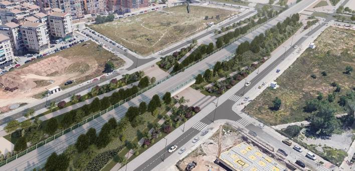 Vista aérea de uno de los nuevos pasos inferiores bajo las vías del AVE, que da continuidad a la calle Filólogo Julio Casares hacia el restaurante KFC y el supermercado Mercadona.