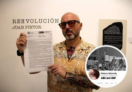 El artista granadino Juan Pintor muestra la denuncia contra Helena Valverde, en la galería Arrabal &Cía, donde actualmente expone. En pequeño, el perfil falso de Facebook.