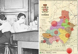 Trabajadoras en una oficina durante la pandemia de gripe de 1917, a la izquierda; y, a la derecha, mapa de la afección de esta enfermedad en la provincia publicado por el IECA.