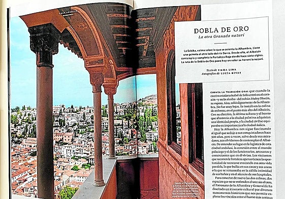 Primeras dos páginas del reportaje dedicado a la Dobla de Oro, con una fotografía desde el Peinador de la Reina de la Alhambra.