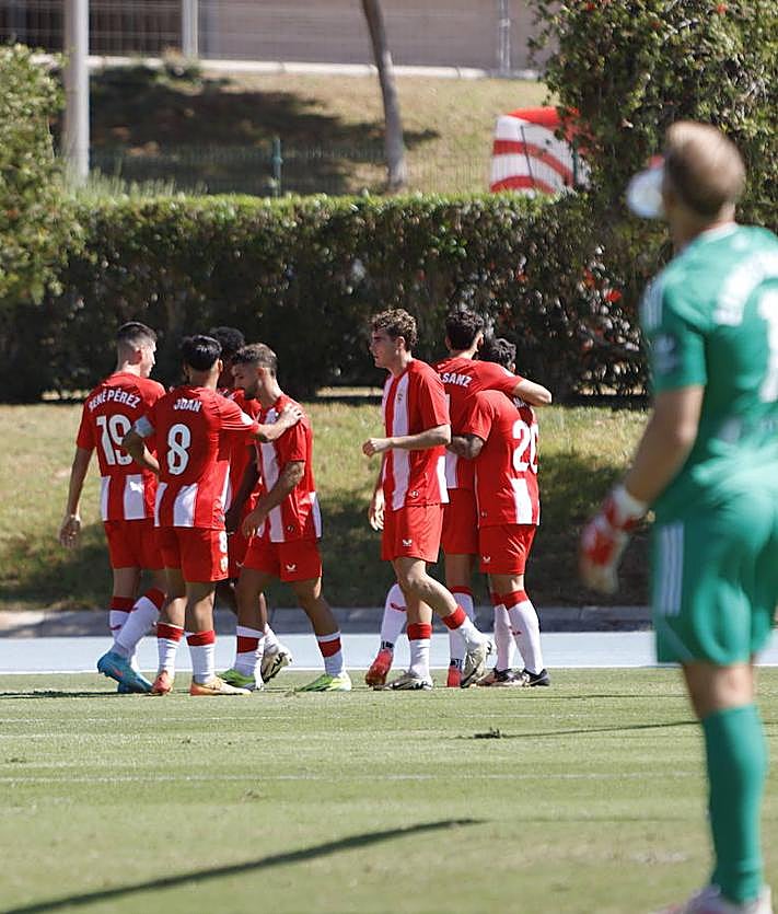 Imagen secundaria 2 - Arriba, Hugo Neves marcó el gol del Almería. Abajo, a la izquierda, remate de Martin Svidersky; a la derecha, los rojiblancos celebran el gol.
