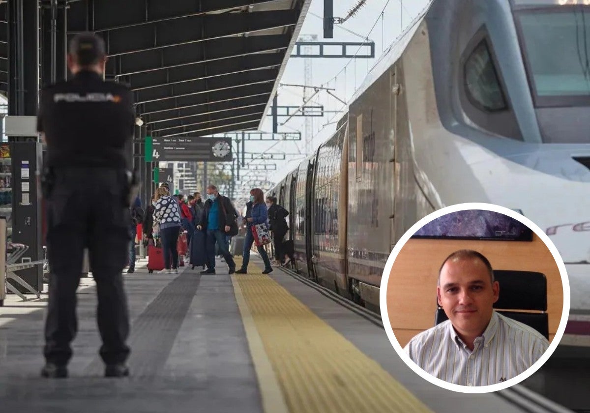 Imagen de un AVE estacionado en un andén. En el recuadro, Christian Muñoz.