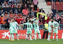 Los futbolistas del Granada celebran un gol en Anduva.