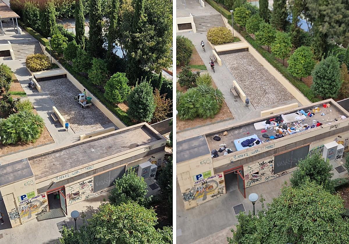 Techo recogido (izquierda) tras denunciar los vecinos la presencia de un campamento de personas sin hogar (derecha).