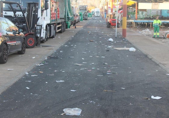 Calle principal del recinto ferial llena de basura