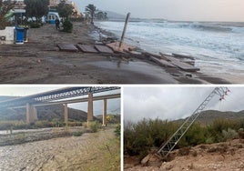 Arriba, litoral de Vera dañado por el temporal; abajo, a la izquierda, el río Andarax bajo el puente de Santa Fe y, a la derecha, una torre eléctrica caída en Vélez-Rubio.