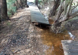 Las tablas de madera, desplazadas por la lluvia en el sendero.