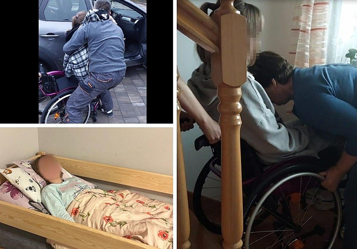 Julia tumbada en su cama y en silla de ruedas acompañada de sus padres.