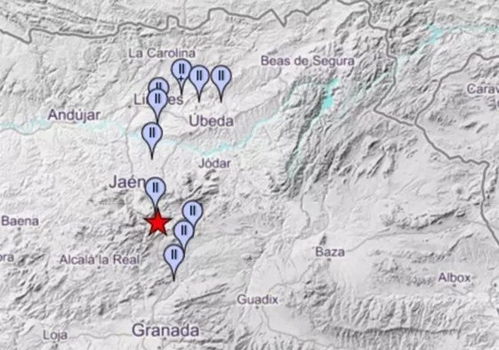 Mapa con la localización del terremoto de Cárcheles y las poblaciones donde se ha sentido.