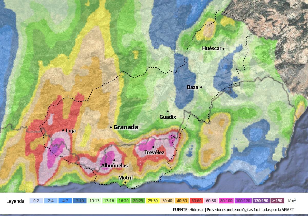 Estas son las zonas de Granada donde puede llover más en las próximas horas