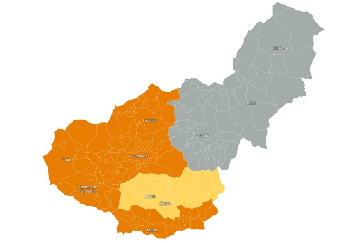 Mapa de las zonas afectadas por el aviso naranja por tormentas