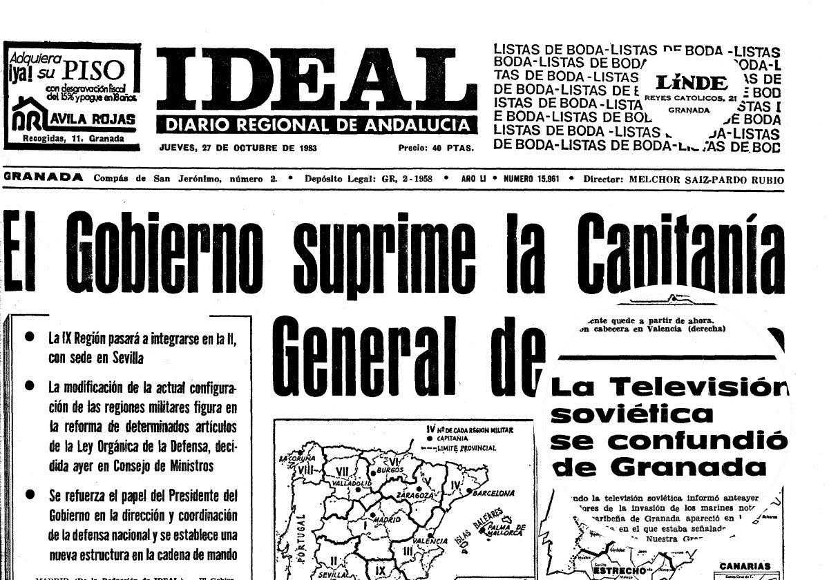 Portada de IDEAL del 27 de octubre anunciando la invasión de Granada por parte de la televisión sociética con el detalle de la noticia