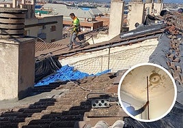 Uno de los trabajadores sobre la cubierta de los pisos de Norte. En la imagen pequeña, Josefa y su techo dañado.