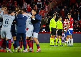 El colegiado Palencia Caballero atiende al rojiblanco Rubio tras la victoria del Levante en Los Cármenes.