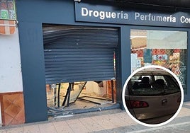 La tienda destrozada y, en detalle, el vehículo utilizado para el robo.