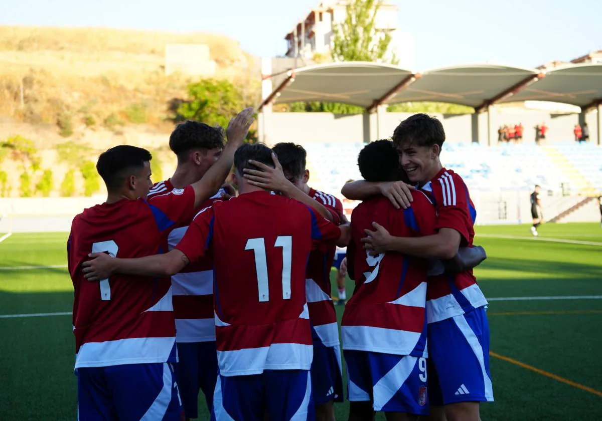 Los juveniles del Granada celebran un gol esta temporada.