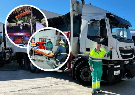 A la derecha, Raúl con el camión. A la izquierda, imágenes del rescate del hombre por los Bomberos.