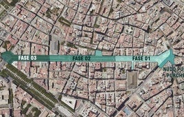 Plano en el que se indican los tramos del Paseo de Almería incluidos en cada una de las fases en la que se va a llevar a cabo la obra.