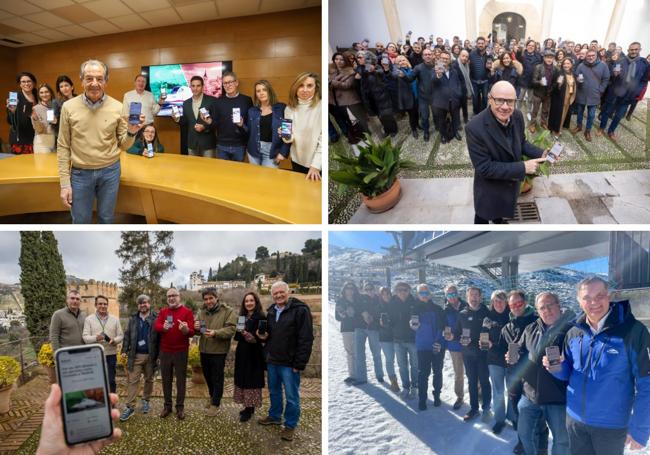 De izquierda a derecha y de arriba a abajo, miembros del Palacio de Congresos, de la UGR, de la Alhambra y de Sierra Nevada, firmando la iniciativa de IDEAL.
