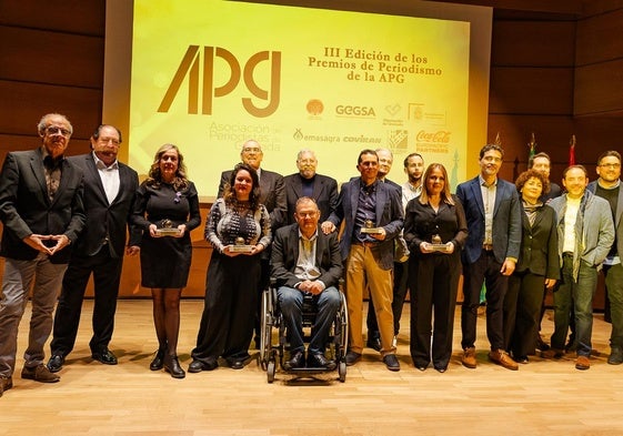 Todos los premiados posan en el escenario junto a miembros de la directiva de la Asociación de Periodistas de Granada.