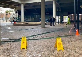 Arreglos y limpieza en la explanada del Palacio de Congresos.