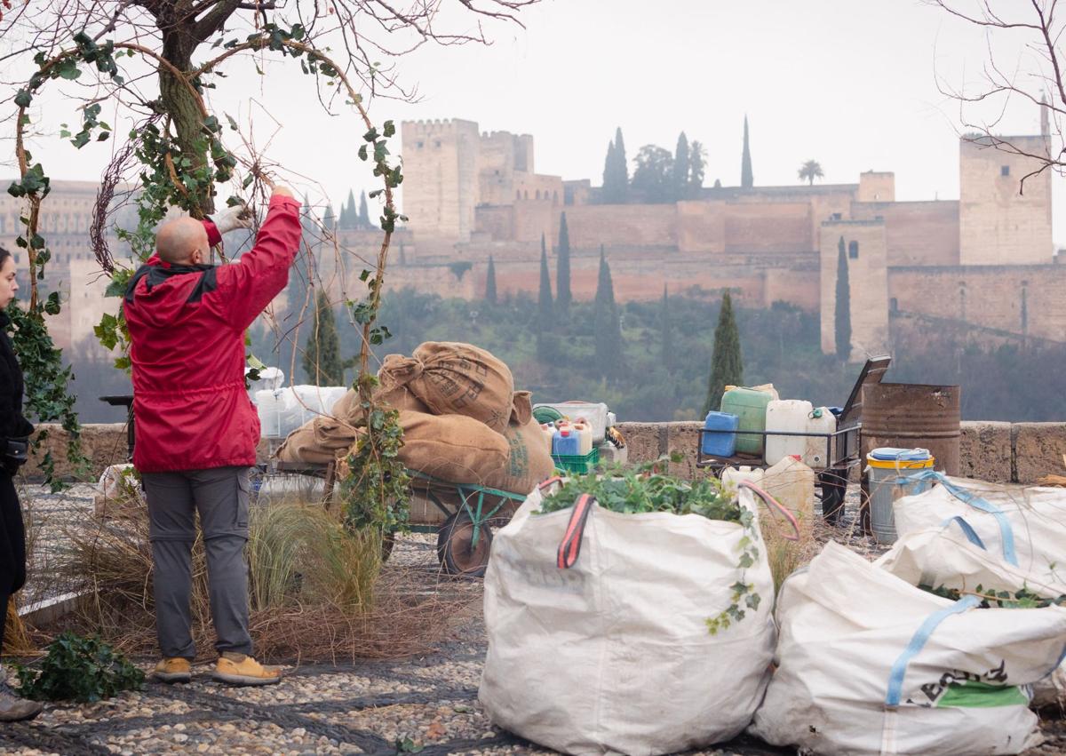 Imagen secundaria 1 - Ramón, observando uno de los coches del rodaje en el Mirador de San Nicolás. Añadiendo vegetación y las armas, para usar en caso de emergencia.