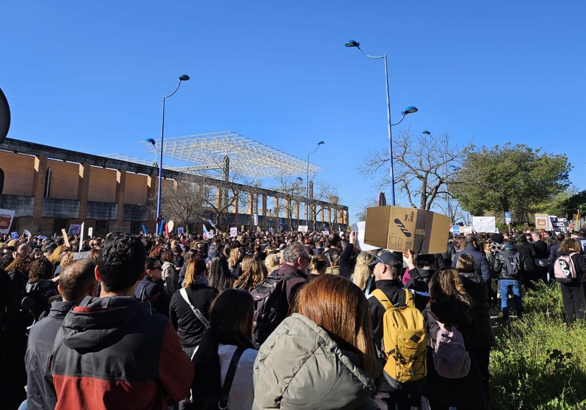 Miles de docentes se manifestaron ayer frente a la Consejería de Desarrollo Educativo, en Sevilla.