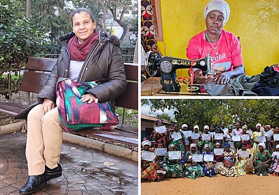 A la izquierda, Aparecida Ramos, en un parque de Almería; a la derecha, algunas de las mujeres con las que trabaja en Mozambique.