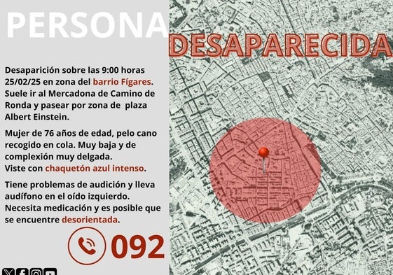 Información facilitada por la Policía Local de la mujer desaparecida.