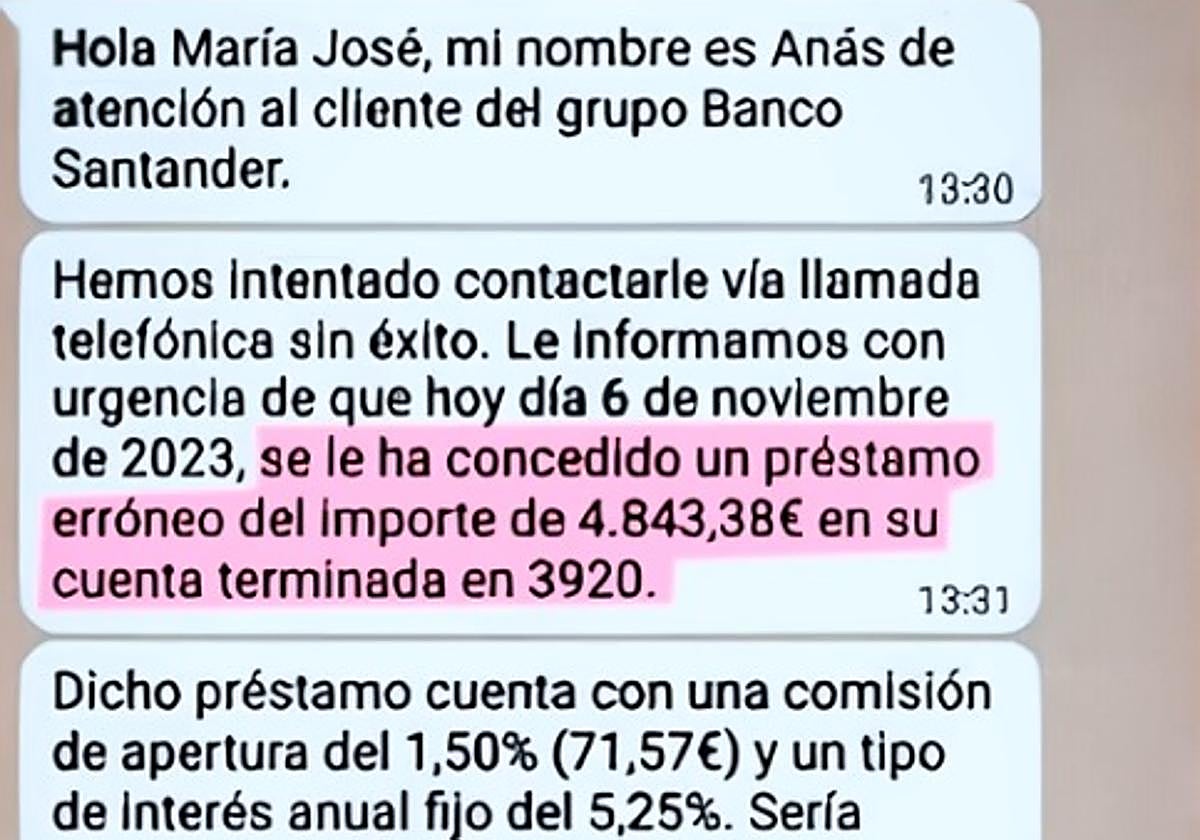 Mensaje que envían los estafadores suplantando la identidad del Banco Santander.