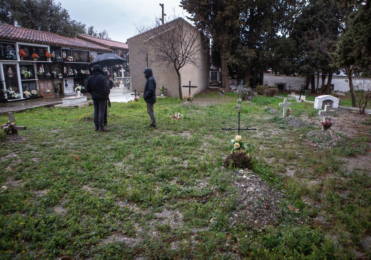 Imagen principal - Arriba, zona que ocupaba la fosa común. Abajo, una de las calles del cementerio de Nigüelas y restos recuperados. 