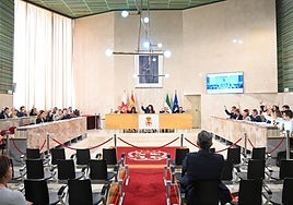 Votación a mano alzada en el salón de plenos del Ayuntamiento de Almería.