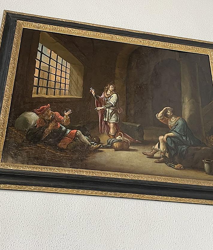 Imagen secundaria 2 - En la imagen superior, de izquierda a derecha: Agustín Quílez, Fernando Casado, Luis Jesús García-Lomas, Olga Cano, Pilar Rodrigo y Emilio Ortega. Abajo, detalles de dos cuadros.