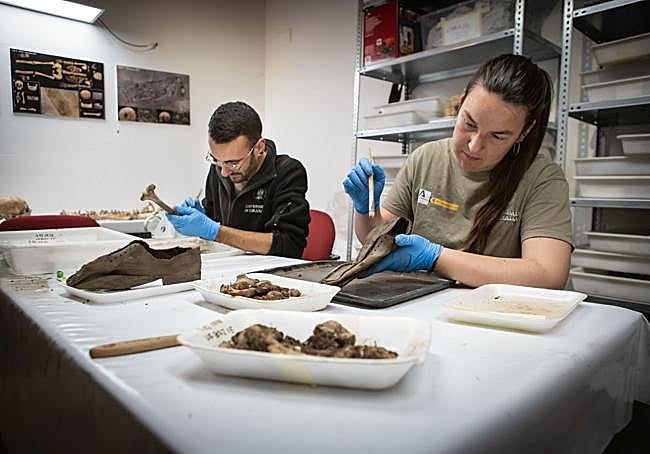 Antropólogos hacen la limpieza en seco de los restos.