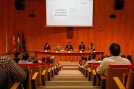 El presidente de la Cámara de Cuentas, junto a su equipo y al presidente de la Diputación provincial, durante las jornadas informativas a los alcaldes.
