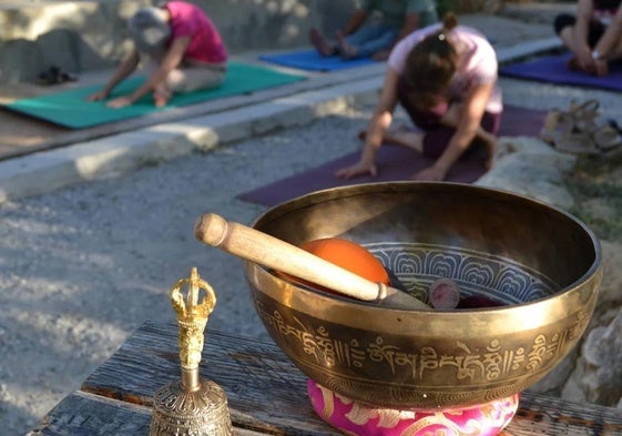 Un grupo de personas practican yoga al aire libre.