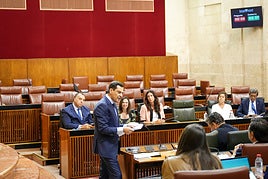 Juanma Moreno interviene frente a los escaños vacíos del PSOE-A.