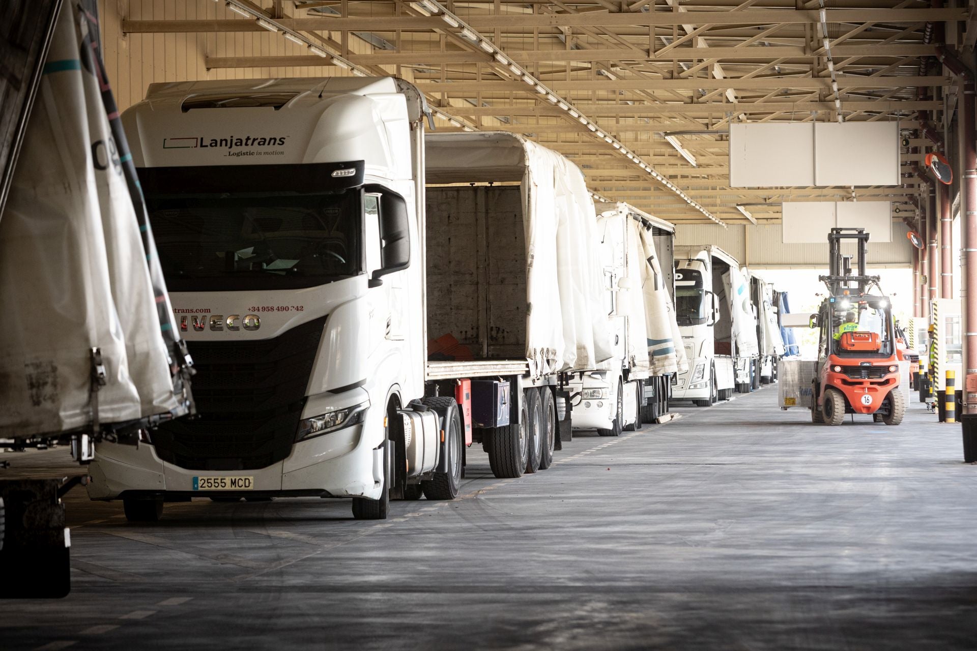 Hileras de camiones de la compañía preparados para llevar su producción desde Escúzar distribuidoras de toda España y Portugal.