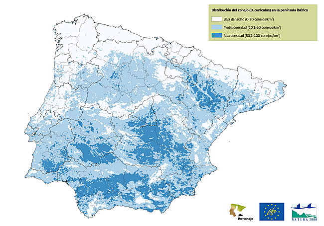 Mapa de densidad de población de conejos.