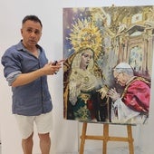 El pintor Manuel Obregón junto al cuadro que bendecirá el Papa León XIV.