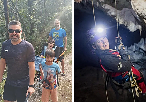 A la izquierda, Teo con varios familiares en una ruta por Asturias, en su silla 'joëlette'. A la derecha, Alma haciendo espeleología en Sima Begoña, en Córdoba.