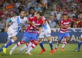 Mainz y El Arabi, en el partido con el Deportivo de la temporada 2014/15.