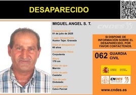 La Guardia Civil pide ayuda para localizar a un hombre de 60 años desaparecido en Huétor Tájar